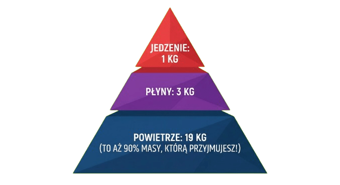 Piramida zapotrzebowania: Jedzenie 1kg, Płyny 3kg, Powietrze 19kg